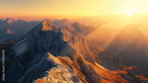 Sun rising over rugged mountains with golden light casting shadows and highlights on the peaks