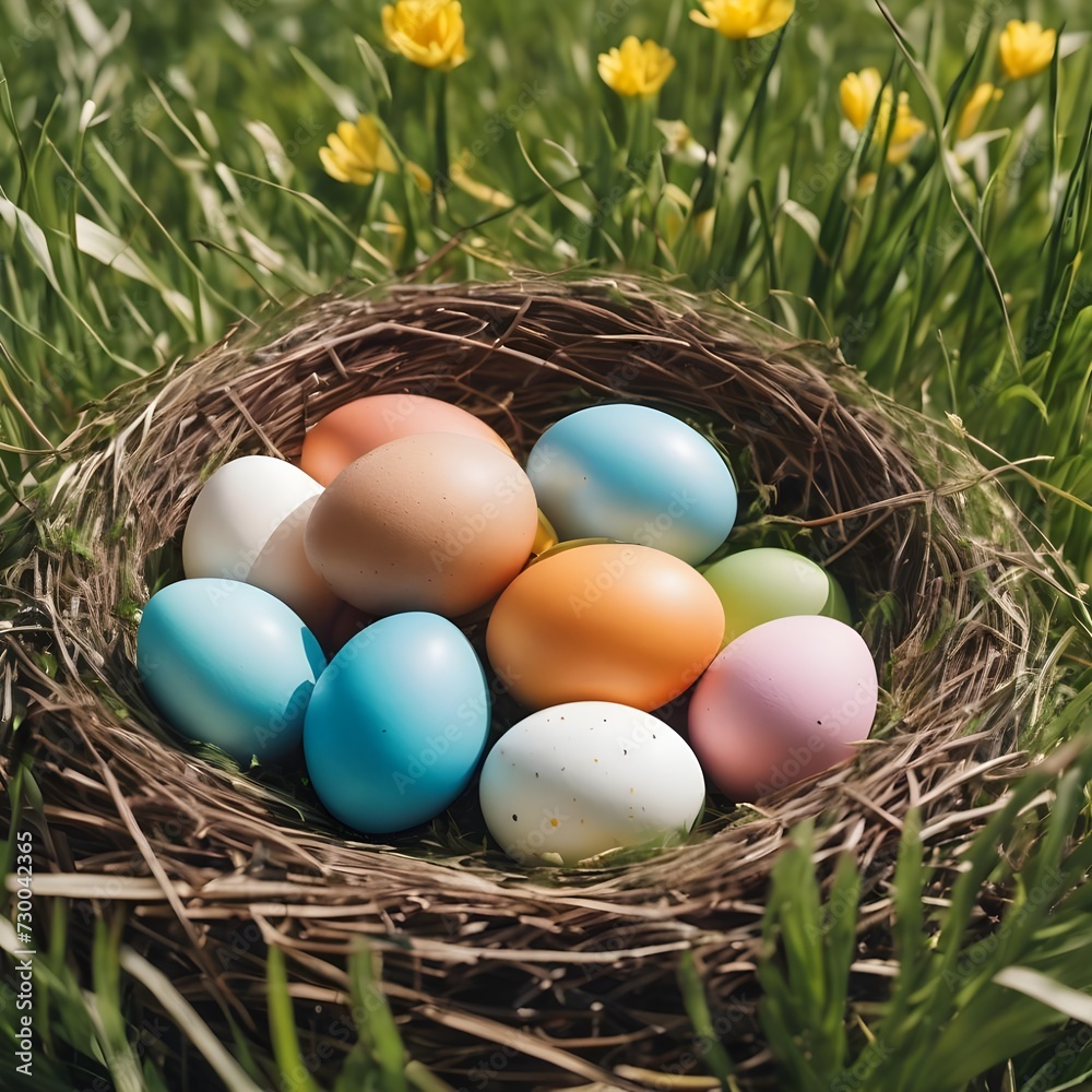 Nest with easter eggs in grass on a sunny spring day - Easter decoration Nest with easter eggs in grass on a sunny spring day - Easter decoration
