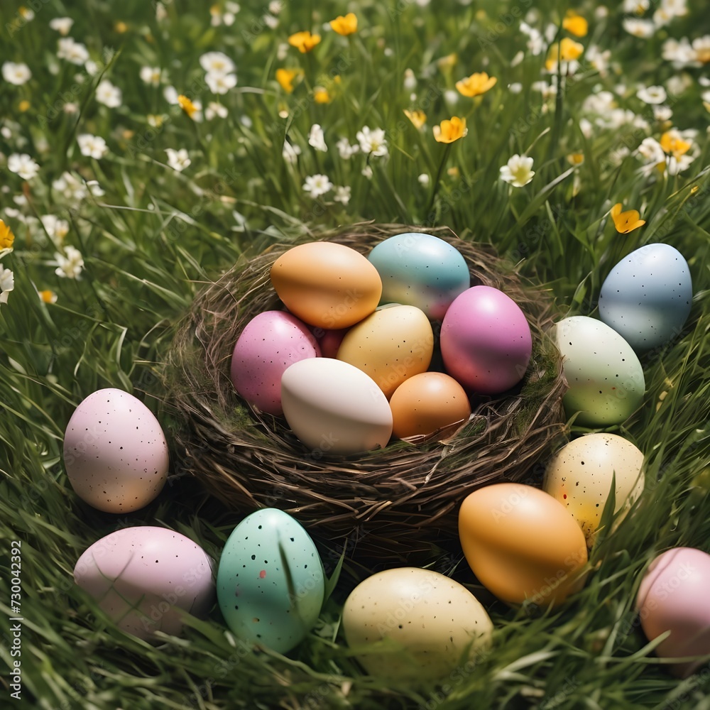 Nest with easter eggs in grass on a sunny spring day - Easter decoration