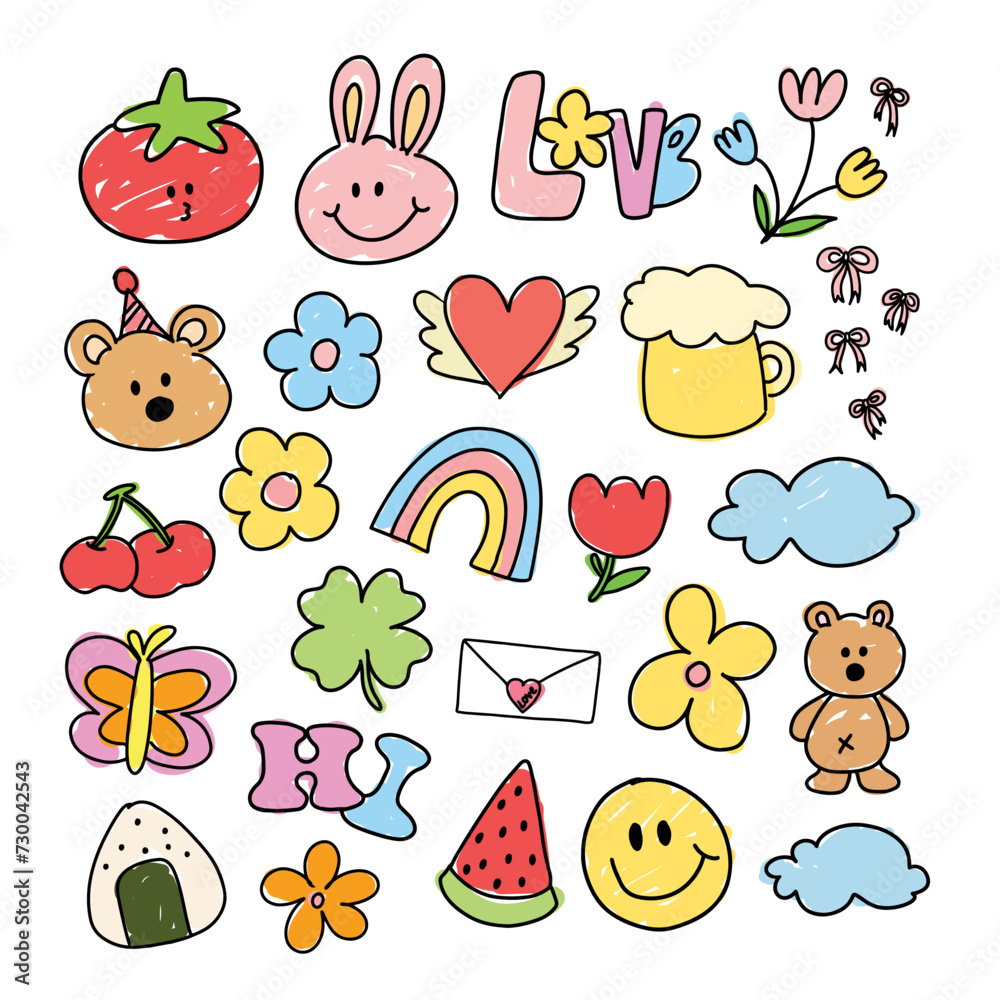 Kid drawing, kid colouring style of teddy bear, bunny, flowers, cherry, watermelon, butterfly, tomato, clover leaf, onigiri rice, cloud, rainbow, heart for summer, cartoon, happy emoji, food, kids toy