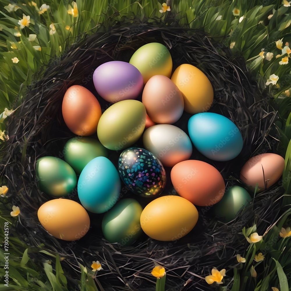 Nest with easter eggs in grass on a sunny spring day - Easter decoration Nest with easter eggs in grass on a sunny spring day - Easter decoration