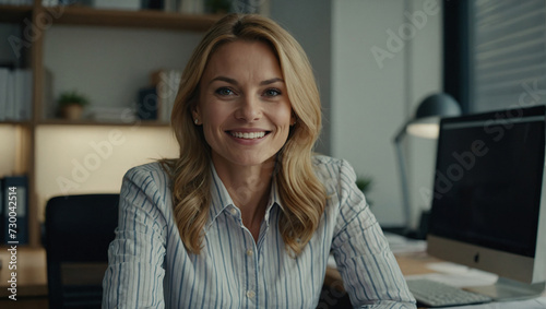 portrait of happy smiling businesswoman sitting at her desk in her office looking at the camera