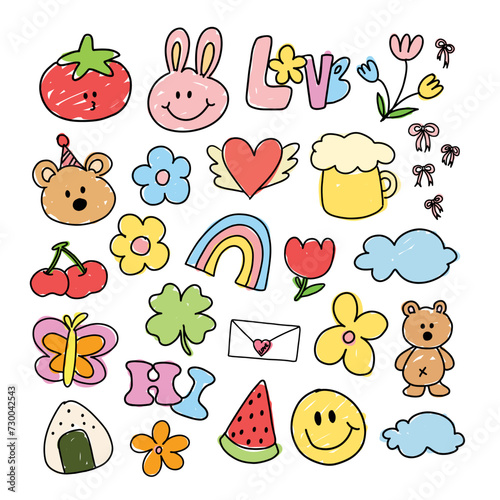 Kid drawing, kid colouring style of teddy bear, bunny, flowers, cherry, watermelon, butterfly, tomato, clover leaf, onigiri rice, cloud, rainbow, heart for summer, cartoon, happy emoji, food, kids toy