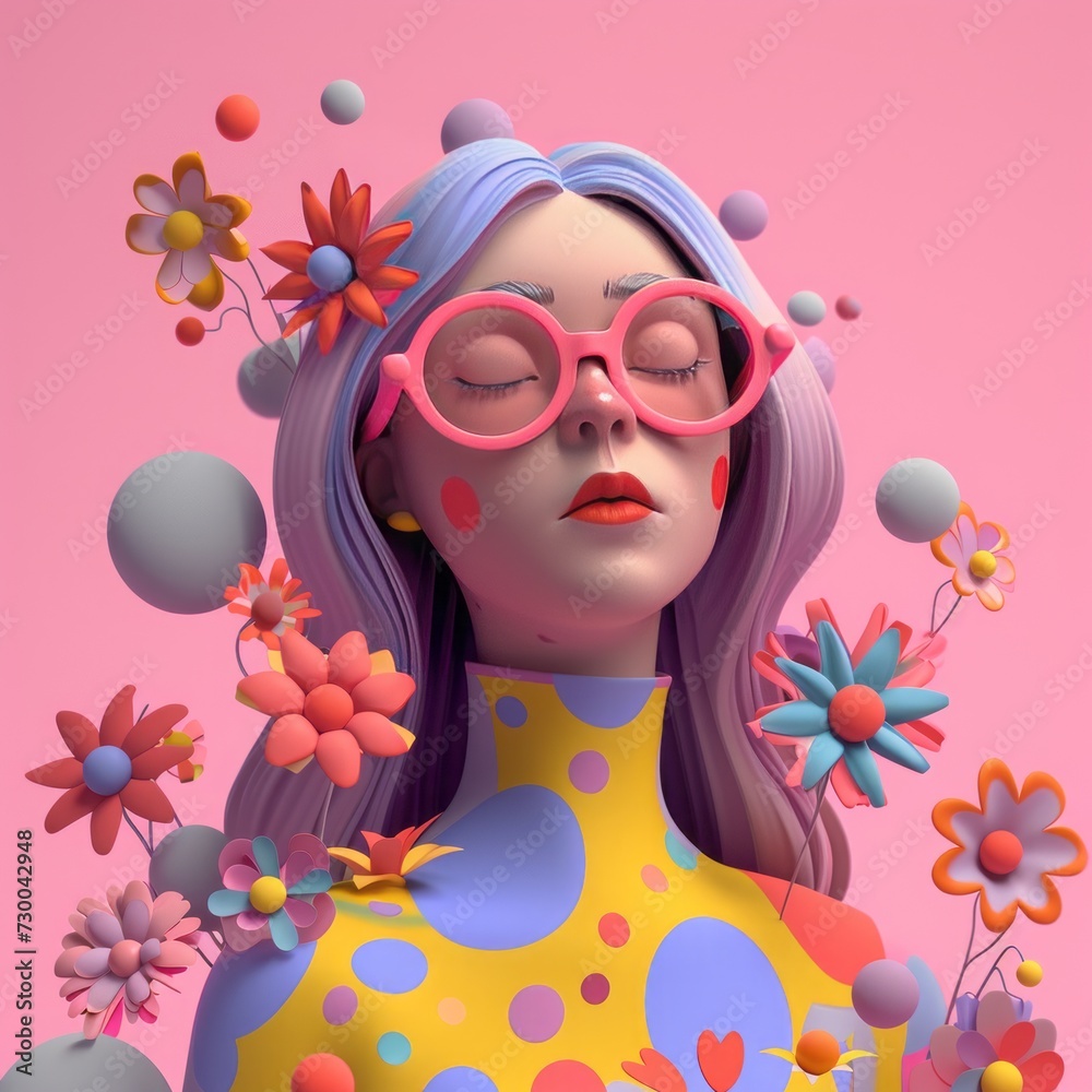bright girl with glasses and flowers 3D illustration. bright girl with glasses and flowers 3D illustration.