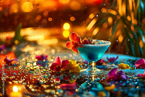 Glass of blue tropical summer cocktail with flowers and ice