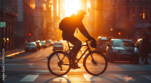 Man, bicycle and environmentally friendly transport for commute, transportation and travel. Sunrise, morning light and dawn background of male or worker on bike on his way to the office or home © MalamboBot/Peopleimages - AI