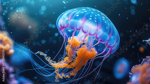 Colorful jellyfish in deep blue water. Generative AI.