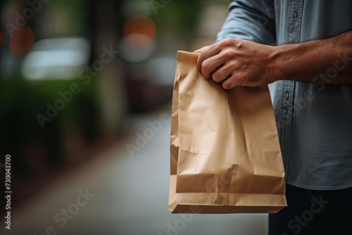 A hand clutches a paper bag with a shopping center in the background