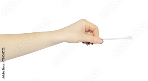 cotton swab, ear stick in hand, outstretched hand with cotton swab, ear stick, isolated from background