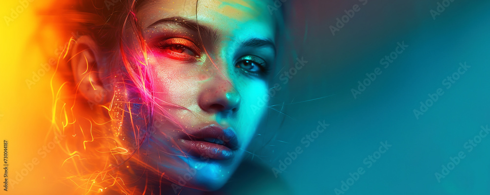 face of a woman with colorful glow and lights face of a woman with colorful glow and lights