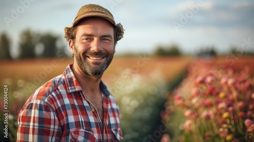 Farmer wearing a red plaid shirt smiles and stand work at field. Generative AI.