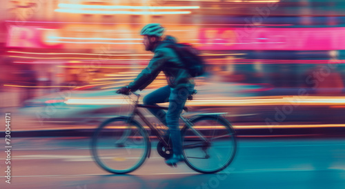 Man, bicycle and environmentally friendly transport for commute, transportation and travel. Speeding, movement and blurred background of male or worker on bike on his way to the office or home © MalamboBot/Peopleimages - AI