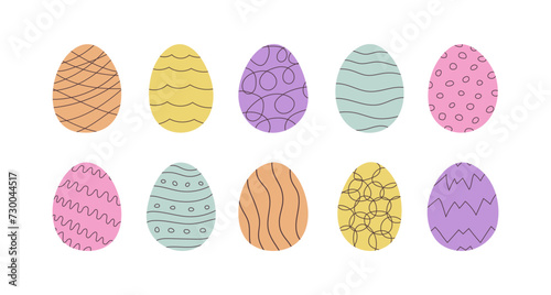Set of Easter eggs in doodle style. Holiday food is Decorated with Abstract lines, waves and other patterns. Hand drawn vector illustration in pastel colors