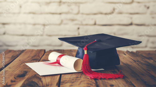 black academic cap with a red tassel and a diploma with a red ribbon, placed on a wooden surface against a blurred brick wall background photo