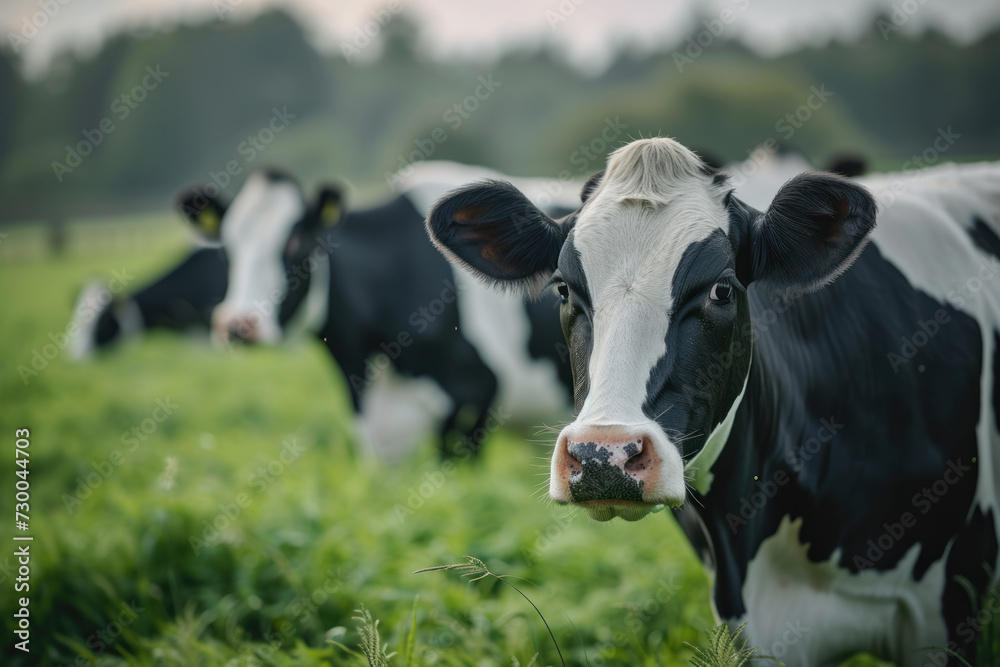 Group of cows at pasture eating grass on dairy farm Group of cows at pasture eating grass on dairy farm