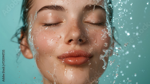 close-up of a woman s face with her eyes closed  covered in water droplets  suggesting a sense of freshness  hydration  or skincare treatment.