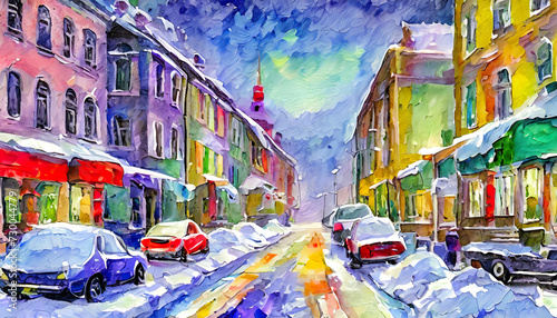 Winter in a small town covered in deep snow, photographed from the street, oil painting