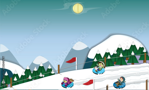 Friends group enjoy with snow-tube on mountain on the winter holiday,Happy holiday,long weekend December