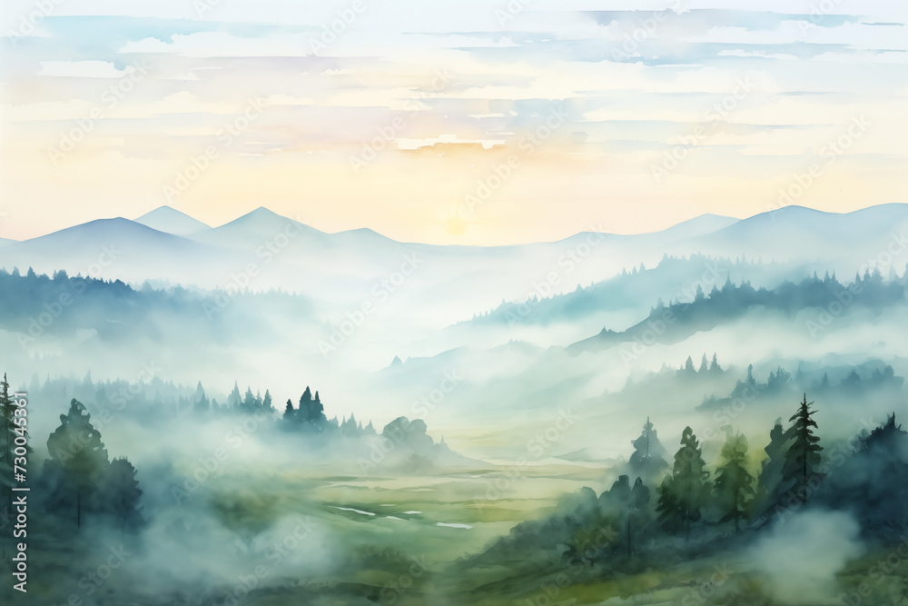 Foggy forest landscape watercolor illustration. Misty Valley atmospheric watercolor painting.