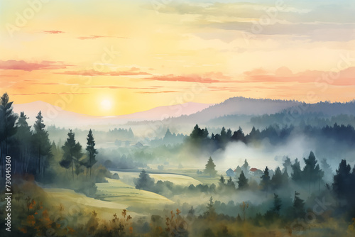 Misty Valley landscape watercolor illustration. Foggy forest and mountains watercolor painting.
