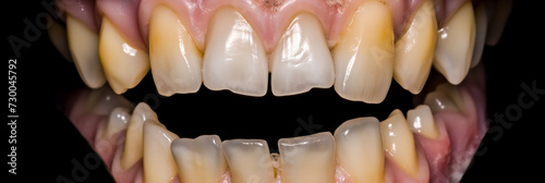 broken and worn yellow teeth with plaque on a black background