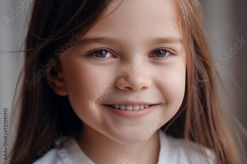 banner portrait of little happy girl with perfect childish smile close up, child with beautiful white milk tooth on white background