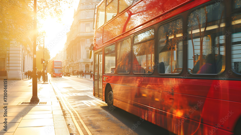 Obraz premium London Red Bus in middle of city street. Double exposure effect. Banner. Close-up