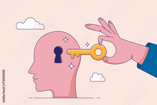 Unlock true potential concept. Motivation to set new mindset, key to success or career achievement, learning or imagination, businessman hand putting golden key to unlock potential in human brain.