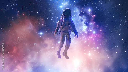Teenager in space suit soars in surreal starry galaxy. Concept New Futurism. Banner.
