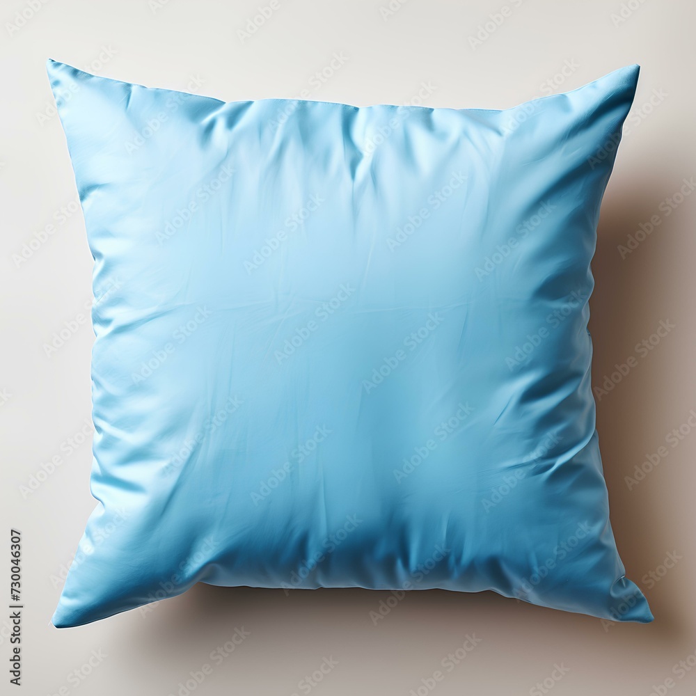 Blue pillow isolated on white background with shadow. blue cushion top view. Pillow flat lay. Satin pillow. Silk covered cushion isolated