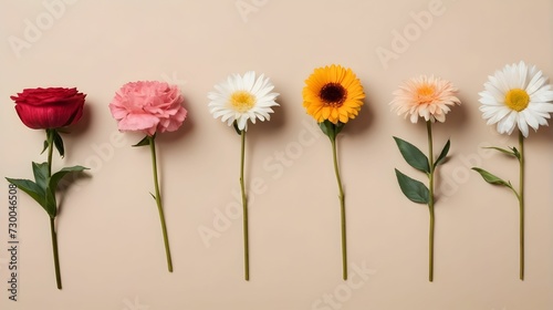 various flowers arranged in a row on a beige background