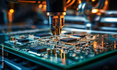Precision automated machine arm calibrating and assembling circuit board components in a high-tech electronic manufacturing facility photo