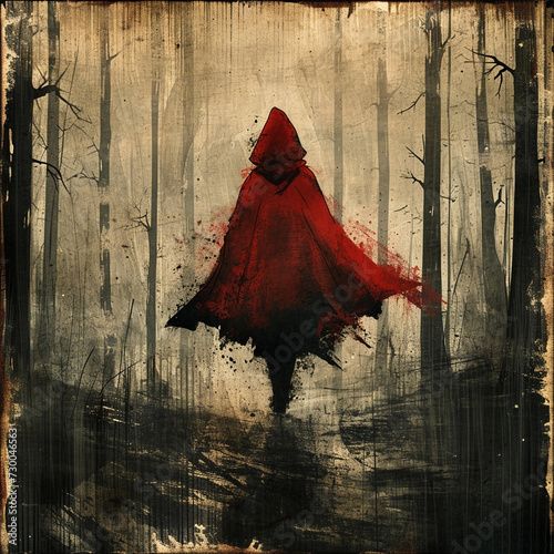 Back View Art of Little Red Riding Hood Walking Along a Trail in the Woods