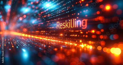 Modern concept of career development with 'Reskilling' illuminated in orange neon on a dynamic, futuristic, cyber-inspired digital circuit board background