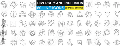 Diversity, inclusion icons set, vector illustrations for workplace, community, social unity. Symbols representing different people, abilities, genders. Perfect for web design, presentations photo