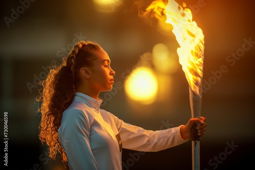 Eternal Flame in Focus: A Young African American Torchbearer's Meditative Moment, Embracing the Olympic Legacy at Sunset photo