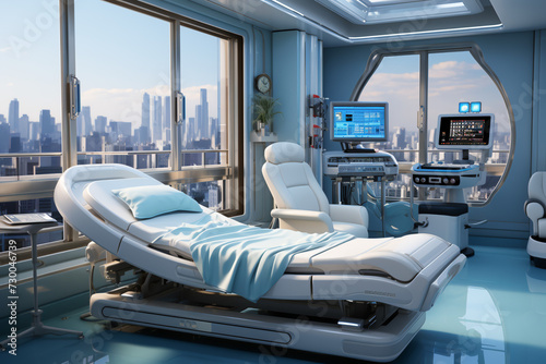 ai generative Empty hospital bed in modern hospital room. Concept of a modern medical clinic with the latest equipment. photo