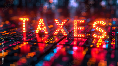 Vivid neon TAXES sign on a dynamic business stock market financial display symbolizing tax season, financial analysis, and government revenue