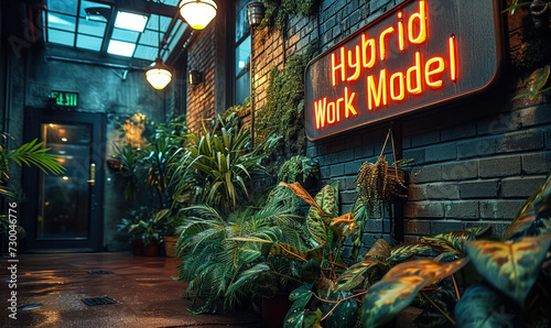 Illuminated neon sign 'Hybrid Work Model' in a lush indoor office setting, representing the contemporary flexible work environment blending nature with workspace design