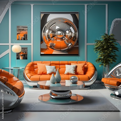 a living room inspired by retro futurism. Picture sleek, space-age furniture, and metallic finishes photo