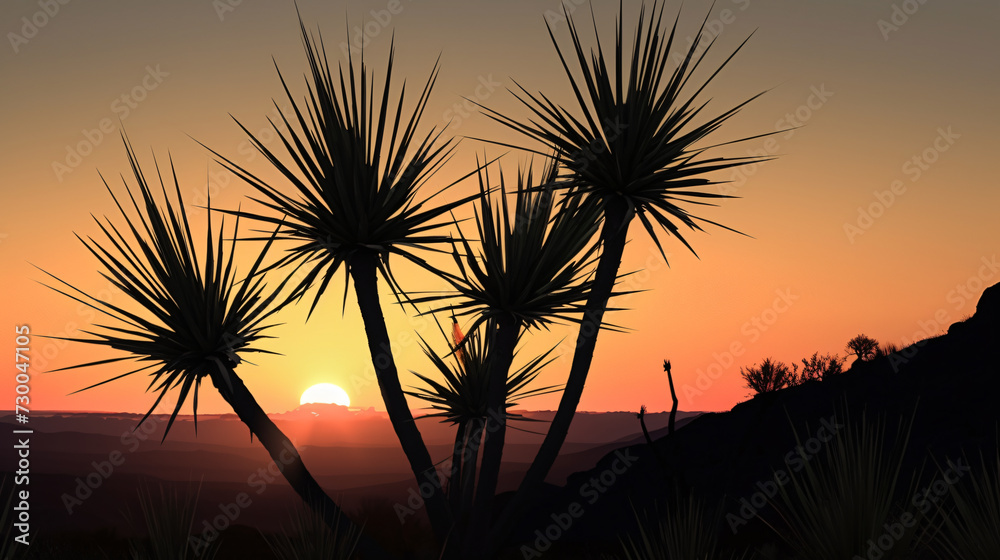 Obraz premium silhouette of a Yucca plant against a vibrant sunset.