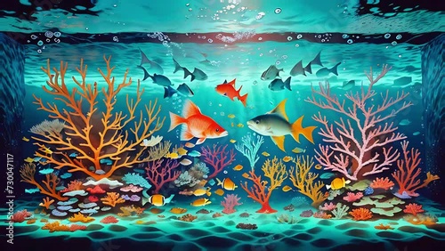 Colorful fish swimming in aquarium among corals. photo