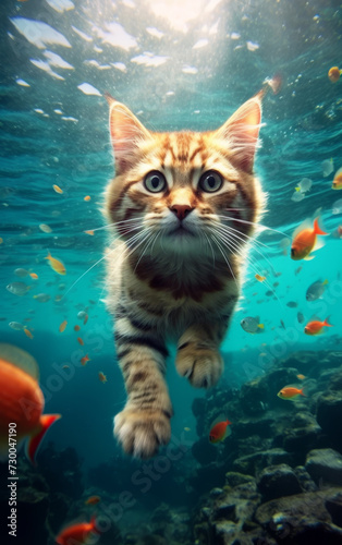 Photorealistic Cute Cat Underwater Walk - made with Generative AI 