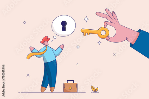 Key to unlock business idea concept. Business support or help to solve problem, clear and unblock work obstacle, businessman thinking with idea as a keyhole with helping hand holding the success key.