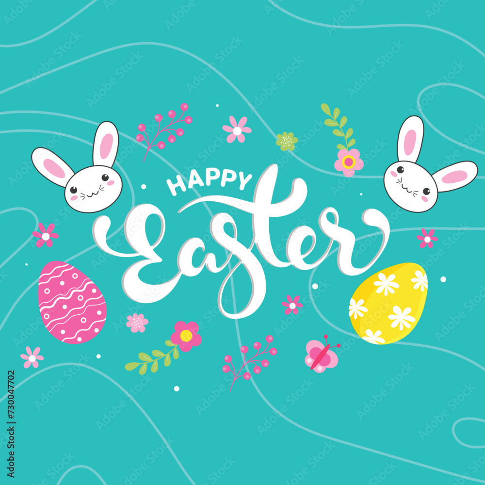 Happy Easter Text with Cartoon Bunnies Face, Butterflies, Painted Eggs and Flower Decorate on Cyan Fluid Background. Happy Easter Text with Cartoon Bunnies Face, Butterflies, Painted Eggs and Flower Decorate on Cyan Fluid Background.