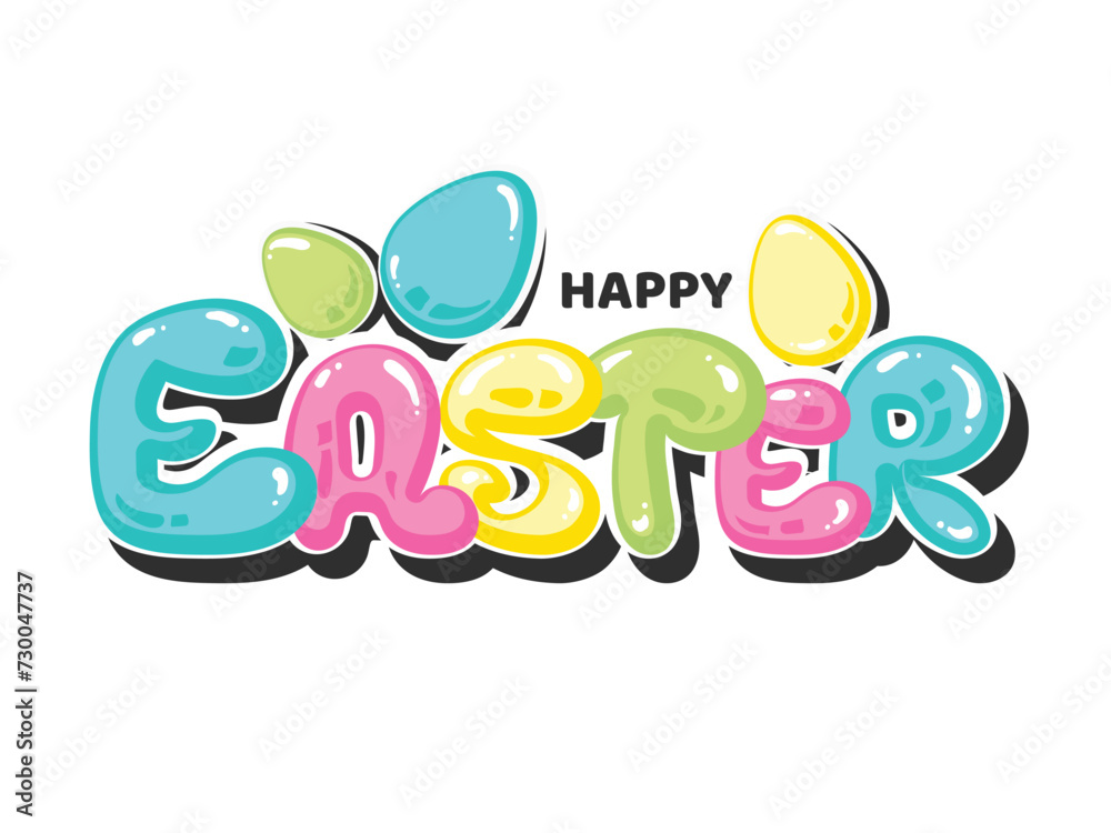 Sticker Style Colorful Happy Easter Text with Eggs on White Background.
