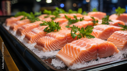Fresh salmon meat for sale in supermarkets.ai generative