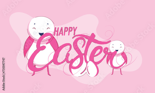 Illustration of Cute Cartoon Chickens with Eggs and Happy Easter Text on Pink Background.  Can Be Used  Banner Design.