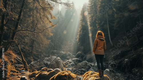 Eine Frau ist am Wandern durch einen Wald der steinig ist und steht an einer Lichtung und genießt die Sonnenstrahlen photo