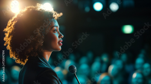 Eine Frau steht vor einem Publikum und hält eine Rede im Seitenprofil fotografiert